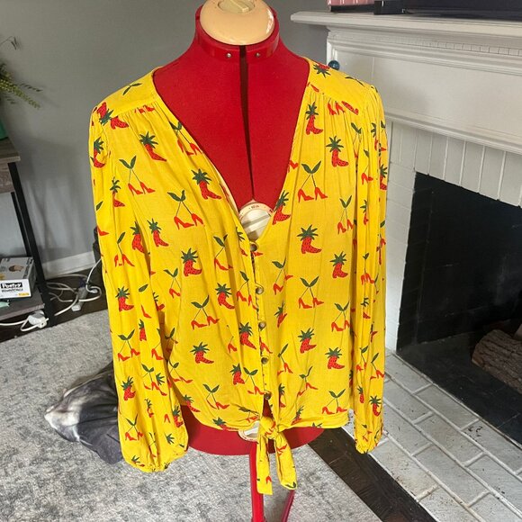 KENDRA DANDY for Anthropologie LS Blousy Top tie waist Strawberry Boots Sz 10 - Picture 3 of 11